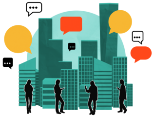Silhouettes of people using mobile phones in city with colorful speech bubbles, flat graphic style, on white background, concept of digital communication