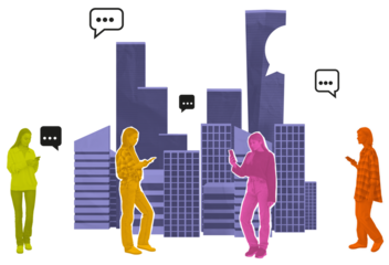 Stylized colored people silhouettes chatting via smartphones placed over abstract cityscape, isolated on white background, concept of digital communication