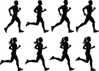 PrintSilhouettes of male and female runners in motion, illustrating dynamic running strides for sports science, animation, fitness, and biomechanics design