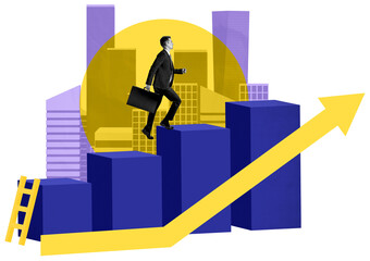 Businessman walking up bar chart with rising arrow, abstract graphic style, modern city background,...