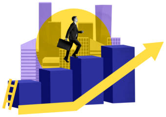 Businessman walking up bar chart with rising arrow, abstract graphic style, modern city background, concept of career growth and business success