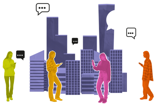 Stylized colored people silhouettes chatting via smartphones placed over abstract cityscape, isolated on white background, concept of digital communication