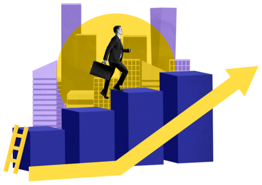 Businessman walking up bar chart with rising arrow, abstract graphic style, modern city background, concept of career growth and business success