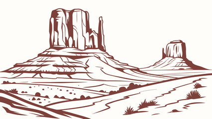 Vector art of monument valley desert landscape with mountains and road, vector illustration in vintage style © shahin11