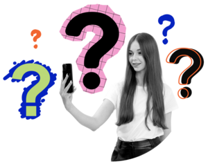 Young woman taking a selfie with colorful question marks around her, collage style on white, representing curiosity, confusion, and social media interaction