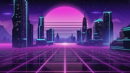 AI generated illustration of Retro futuristic neon city skyline with glowing grid landscape