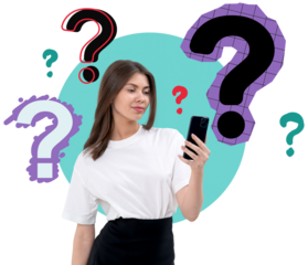 Woman holding smartphone and looking at screen with curiosity, surrounded by colorful question marks, isolated on white background with turquoise circle