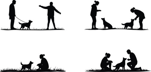 Silhouettes of people interacting with dogs, walking, playing, pet care, bonding, dog walking, human-pet interaction, outdoor activitySilhouettes of people interacting with dogs, walking, playing, pet