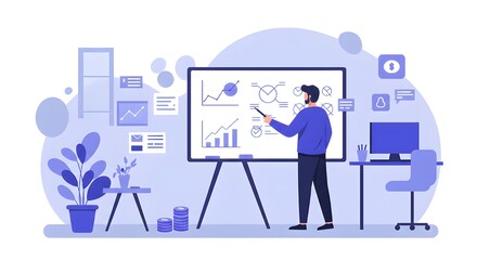 Financial Planner Using Whiteboard To Illustrate Savings Strategies In Modern Office, Professional Advisor Explaining Investment Plans, Wealth Management Guidance, And Money Planning Success