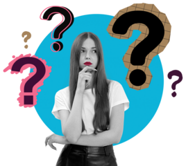 Woman thinking with hand on chin, surrounded by stylized question marks, collage style, isolated on white with blue circle, concept of uncertainty