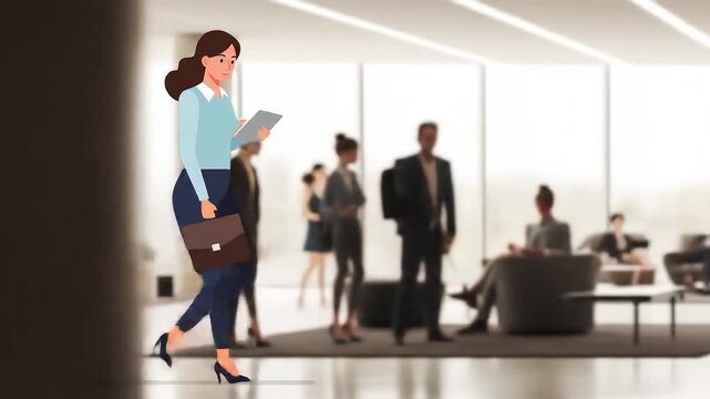 Follow the stride of a modern professional on her journey to success! This video blends a clean 2D animation style with a dynamic corporate backdrop, perfect for content about business, technology, ca