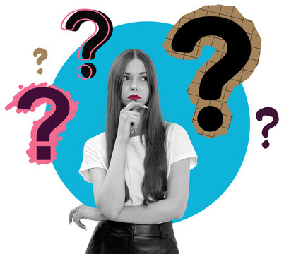 Woman thinking with hand on chin, surrounded by stylized question marks, collage style, isolated on white with blue circle, concept of uncertainty