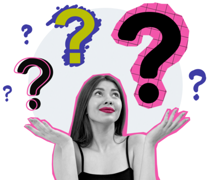 Confused woman with pink lips looking up at large colorful question marks in pop art style, isolated on white background, concept of uncertainty or decision-making