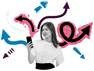 Woman holding phone with colorful abstract arrows around her, isolated style on white background, symbolizing choices, confusion, and digital navigation