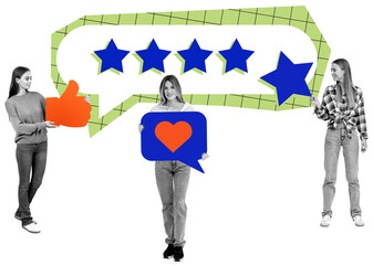 Three women holding icons like thumbs up, heart, and stars, standing near a five-star speech bubble...