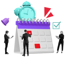 Business people interacting with a large spiral calendar with icons like alarm clock and checklist, in a modern isolated style on white background, concept of planning