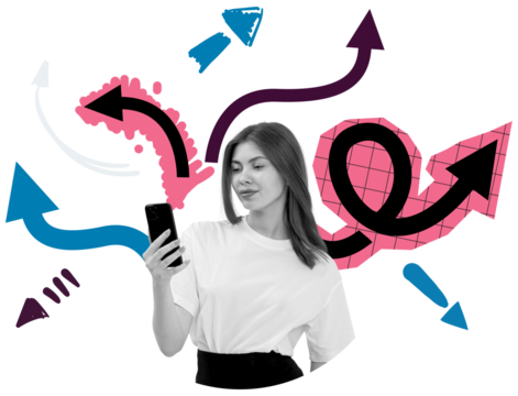 Woman holding phone with colorful abstract arrows around her, isolated style on white background, symbolizing choices, confusion, and digital navigation