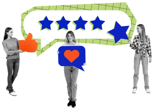 Three women holding icons like thumbs up, heart, and stars, standing near a five-star speech bubble on white isolated background, concept of feedback