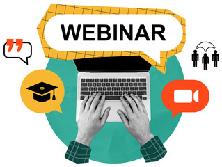 Hands on laptop keyboard with speech bubbles, graduation cap, and video call icons in collage style on white background, symbolizing online learning and webinars