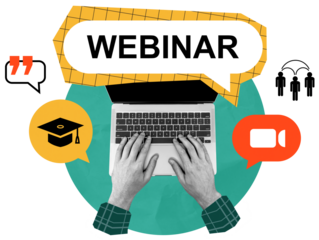 Hands on laptop keyboard with speech bubbles, graduation cap, and video call icons in collage style on white background, symbolizing online learning and webinars