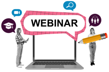 Collage-style composition of laptop with “WEBINAR” text, students, and educational icons isolated on white background, representing online learning and communication