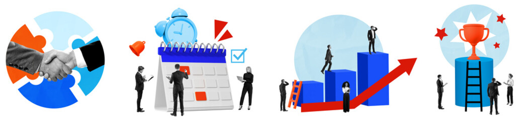 Fototapeta premium Business handshake, calendar with people, growth chart with arrow, trophy on podium, isolated collage style, on white background, concept of teamwork