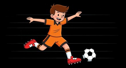 Energetic young boy in orange uniform kicking a soccer ball with joyful expression
