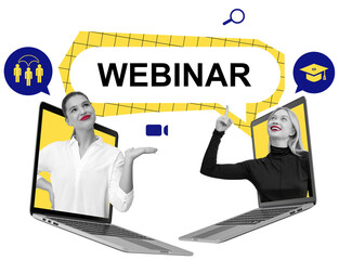 Two women appear from laptops in a creative collage style with yellow accents, speech bubbles, and webinar icons on white background, symbolizing virtual learning