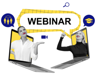 Two women appear from laptops in a creative collage style with yellow accents, speech bubbles, and webinar icons on white background, symbolizing virtual learning