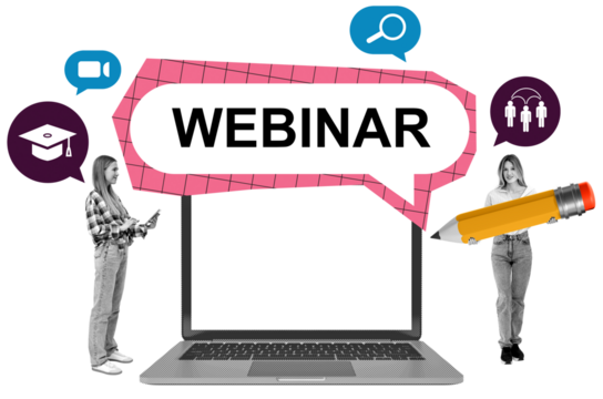 Collage-style composition of laptop with “WEBINAR” text, students, and educational icons isolated on white background, representing online learning and communication