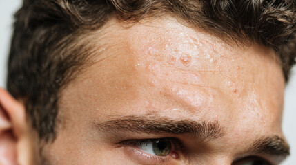 Close up of young man forehead shows acne and oily skin, highlighting skin texture and imperfections. image focuses on challenges of skincare and personal grooming