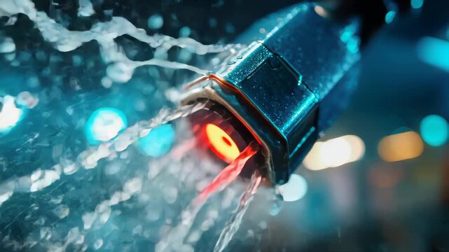 Sprinkler head releasing water droplets in motion against a blurred background