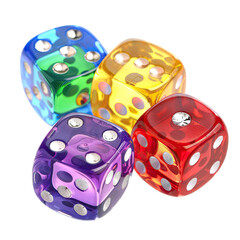Four Colorful Dice Stacked Together in Random Arrangement on Dark Surface.