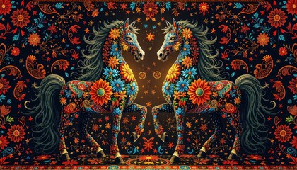 Fototapeta premium Horse with feathers, Horse pattern, Horse folk arts, horse ornament pattern