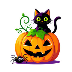 Cute black cat peeking over a spooky jack o lantern pumpkin isolated on transparent background