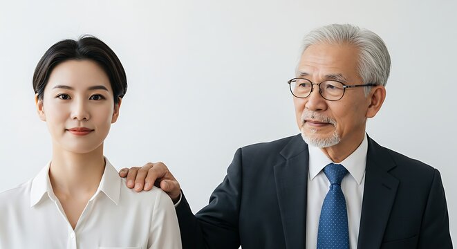 A young woman and an older man in business attire, with the man's hand on the woman's shoulder, signifying mentorship or teamwork.