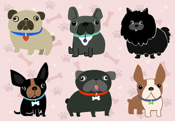 A delightful set of cartoon-style bulldogs, pugs, and small dogs with expressive faces and playful poses. The pastel background decorated with paw prints and bones adds charm, making this illustration