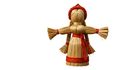 Traditional straw doll with red ornaments and braided hair  