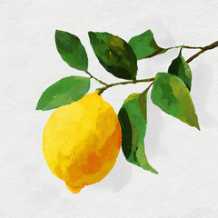 Hand Painted Watercolor Lemon with Green Leaves Illustration