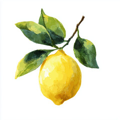 Hand Painted Watercolor Lemon with Green Leaves Illustration