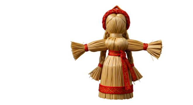 Traditional straw doll with red ornaments and braided hair   - Powered by Adobe