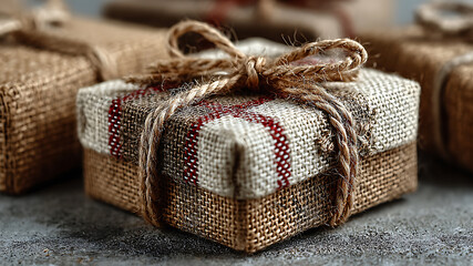 Obraz premium Artisanal Burlap Gift Box with Red Stripes and a Natural Twine Bow