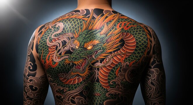 Back Tattoo with Green Dragon and Orange Flames on Dark Background - Powered by Adobe