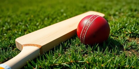 Close-up of cricket bat and ball on lush green pitch, summer sport, leather