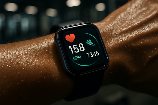 Close-up of Smartwatch Screen Displaying High Heart Rate During a Workout
- Powered by Adobe
