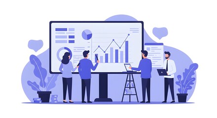 Dynamic Business Team Analyzing Sales Growth On Large Interactive Digital Screen, Corporate Professionals Reviewing Data Analytics, Strategic Planning, And Revenue Performance Trends