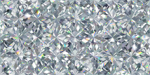Seamless diamond pattern - vector illustration of iridescent crystal background. Glass texture with colorful shimmering light reflections. Realistic dazzling precious stone closeup.