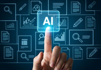 Finger Touching AI Button On Digital Background With Icons artificial intelligence