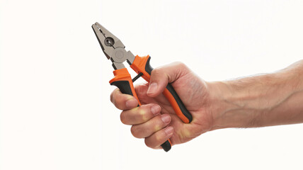 Fototapeta premium Skilled hand grips orange and black pliers, ready for precise DIY or construction tasks