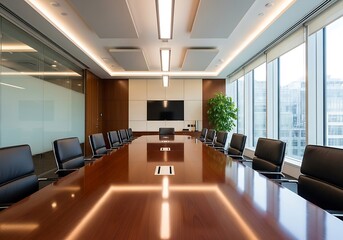 Modern boardroom with sleek design and large windows offering city views